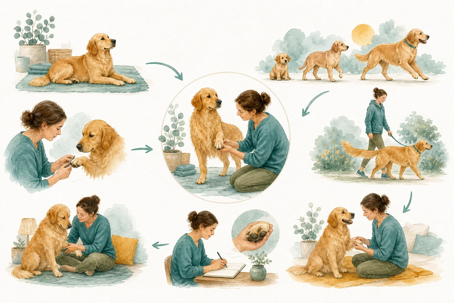 Illustrated owner guide for schedule nail trimming and paw inspection for dogs by age and activity