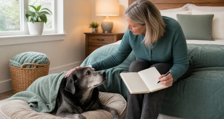 Healthy Paws Essentials scene illustrating nighttime routine and sleep pattern checklist for senior dogs
