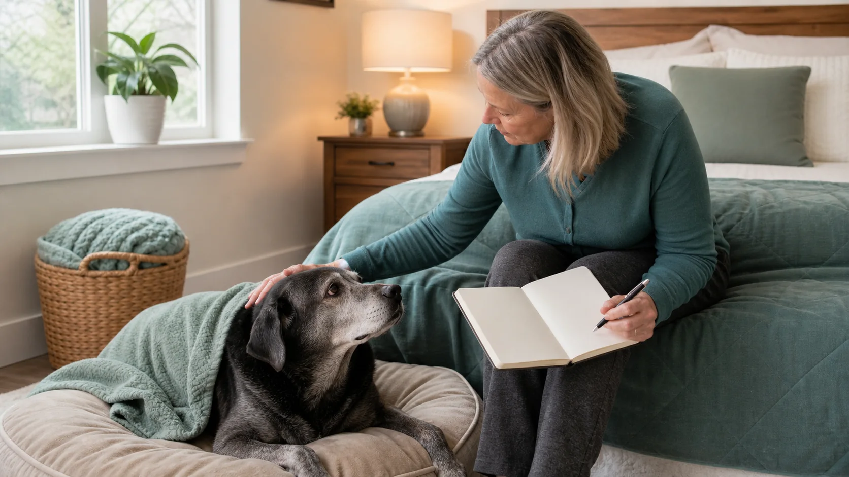 Healthy Paws Essentials scene illustrating nighttime routine and sleep pattern checklist for senior dogs
