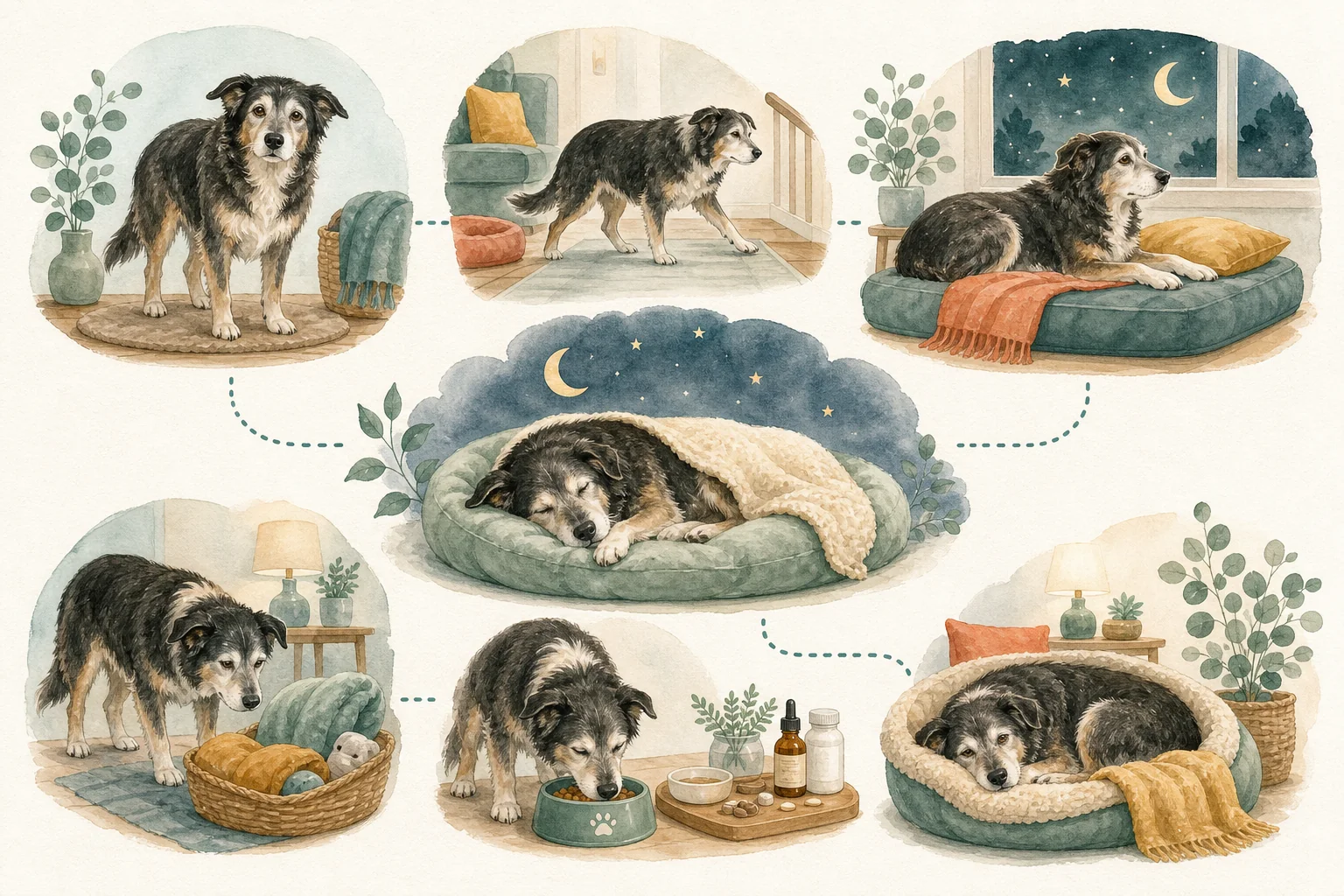 Illustrated owner guide for nighttime routine and sleep pattern checklist for senior dogs