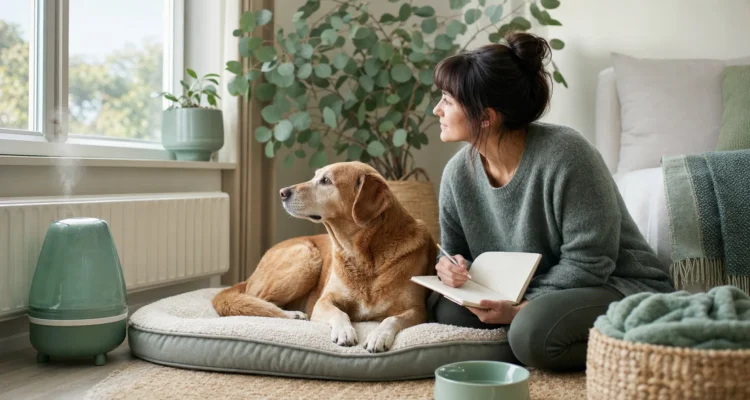Healthy Paws Essentials scene illustrating seasonal home environment plan for senior dogs