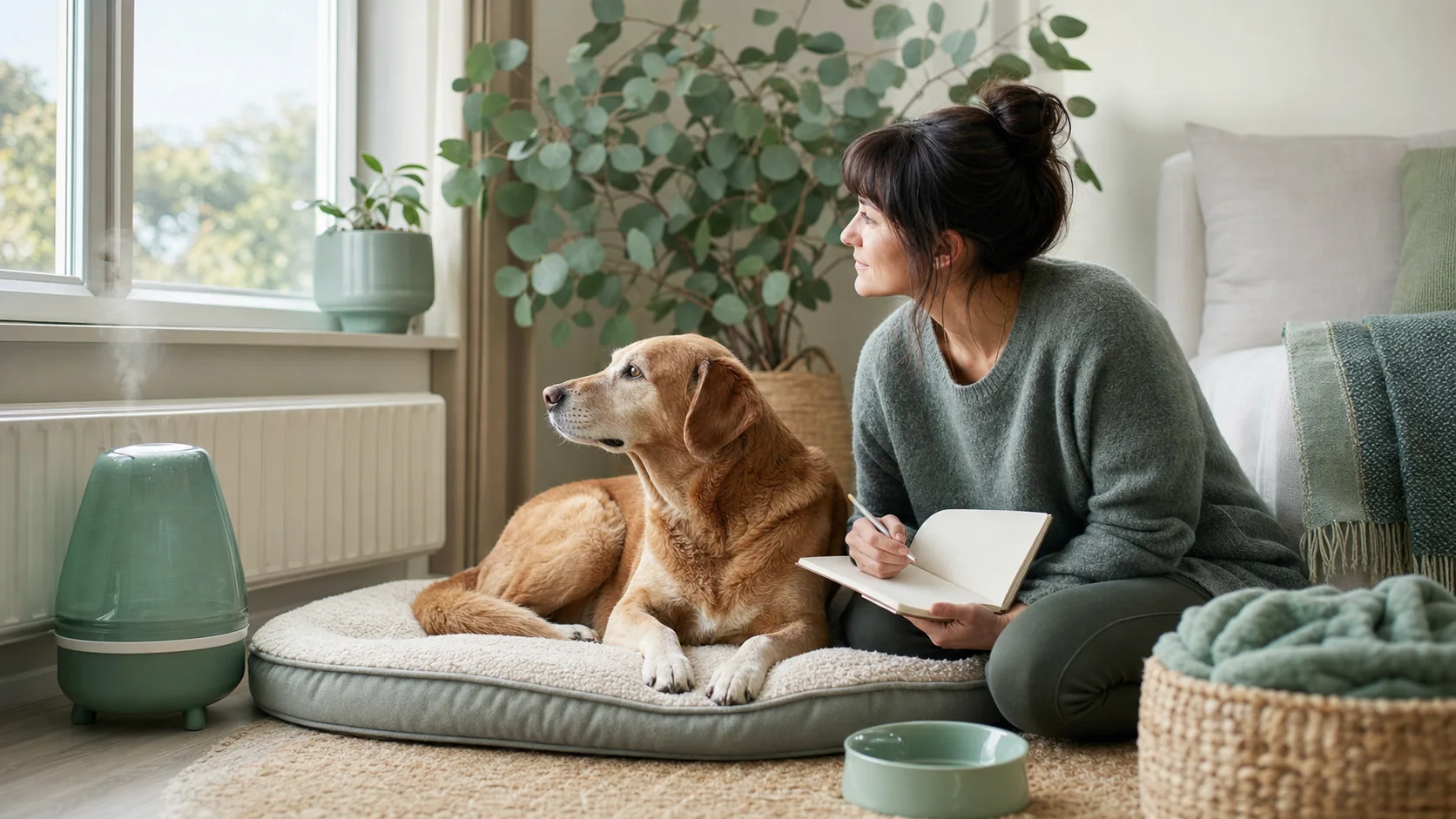 Healthy Paws Essentials scene illustrating seasonal home environment plan for senior dogs