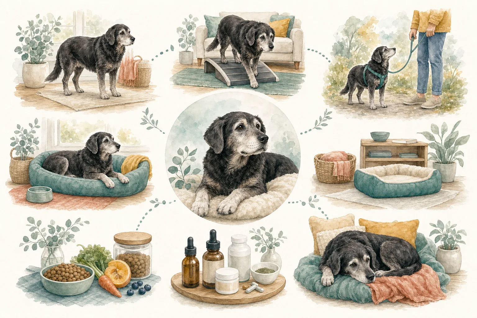 Illustrated owner guide for seasonal home environment plan for senior dogs