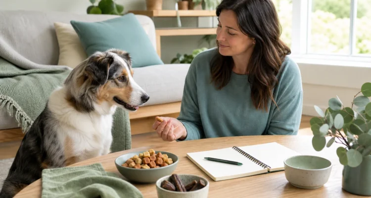 Healthy Paws Essentials scene illustrating structured plan for introducing new treats and chews safely for dog gut health