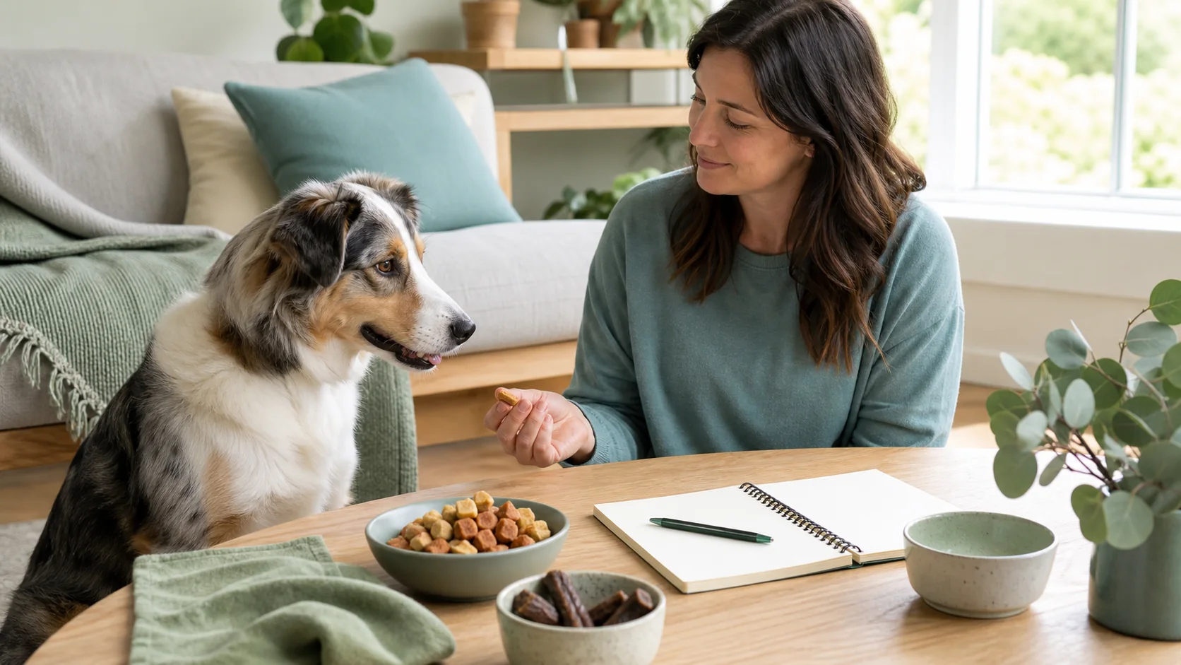 Healthy Paws Essentials scene illustrating structured plan for introducing new treats and chews safely for dog gut health