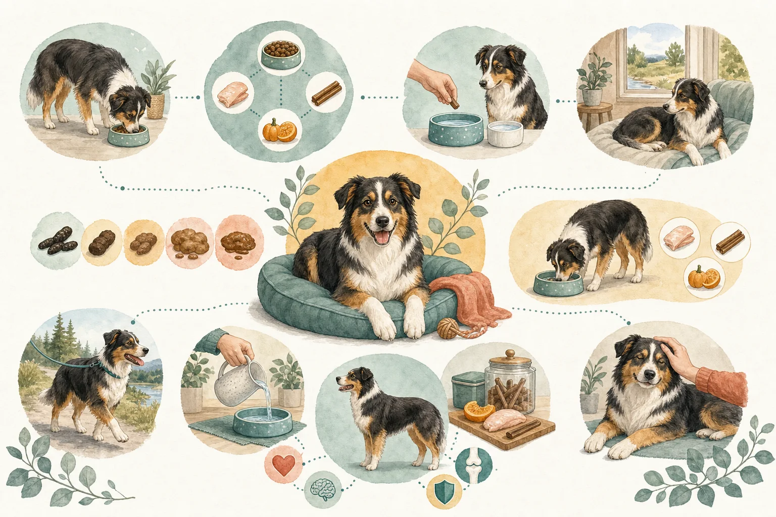 Illustrated owner guide for structured plan for introducing new treats and chews safely for dog gut health