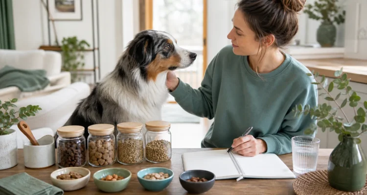 Healthy Paws Essentials scene illustrating rotational dog supplement planning for gut, joint, calming, and senior needs