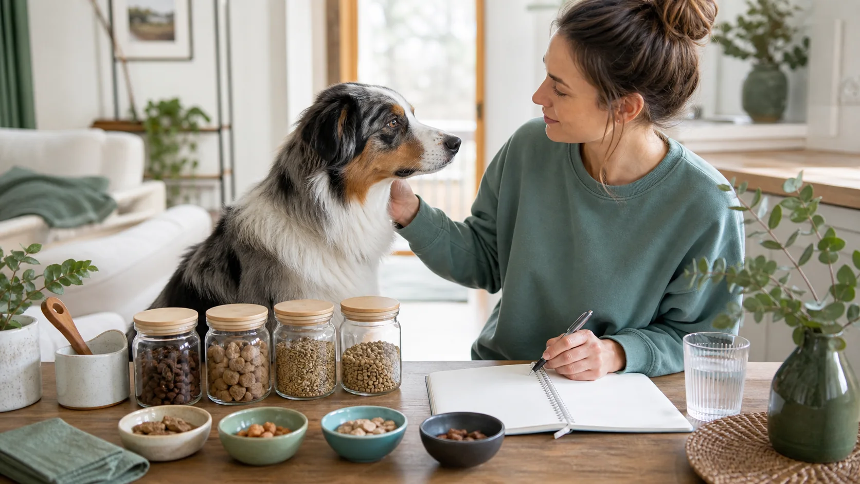 Healthy Paws Essentials scene illustrating rotational dog supplement planning for gut, joint, calming, and senior needs