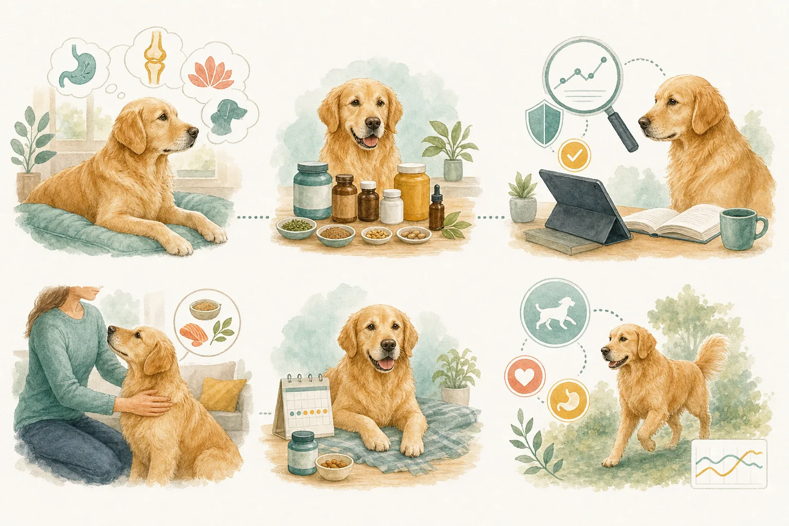 Illustrated owner guide for rotational dog supplement planning for gut, joint, calming, and senior needs