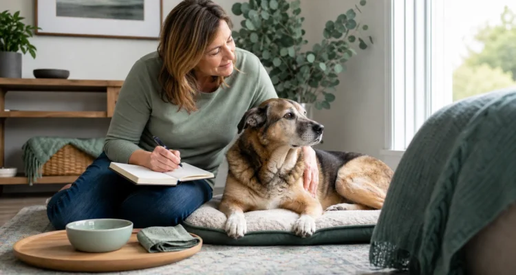 Healthy Paws Essentials scene illustrating noon-day check-in routine for senior dogs at home