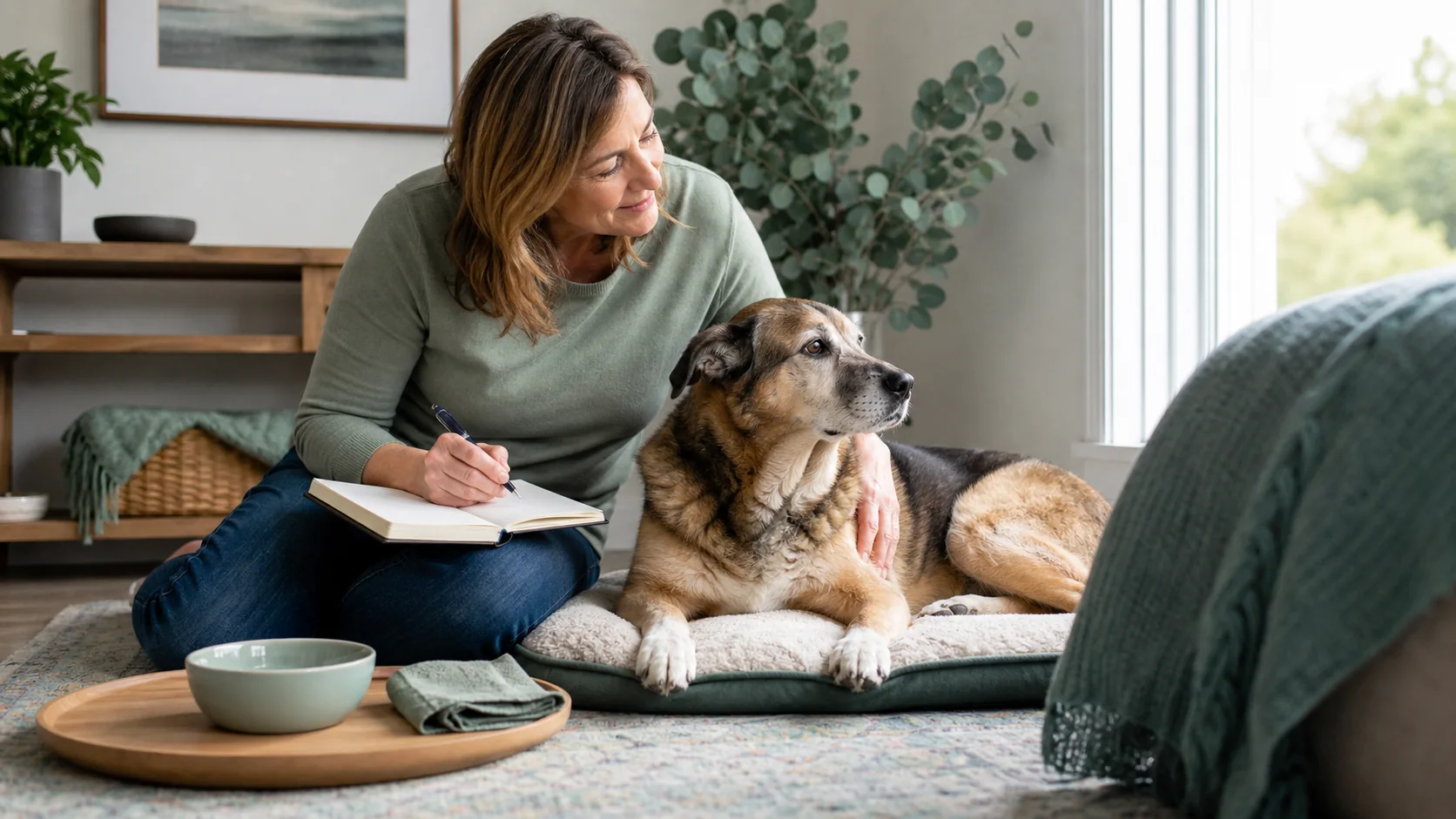 Healthy Paws Essentials scene illustrating noon-day check-in routine for senior dogs at home