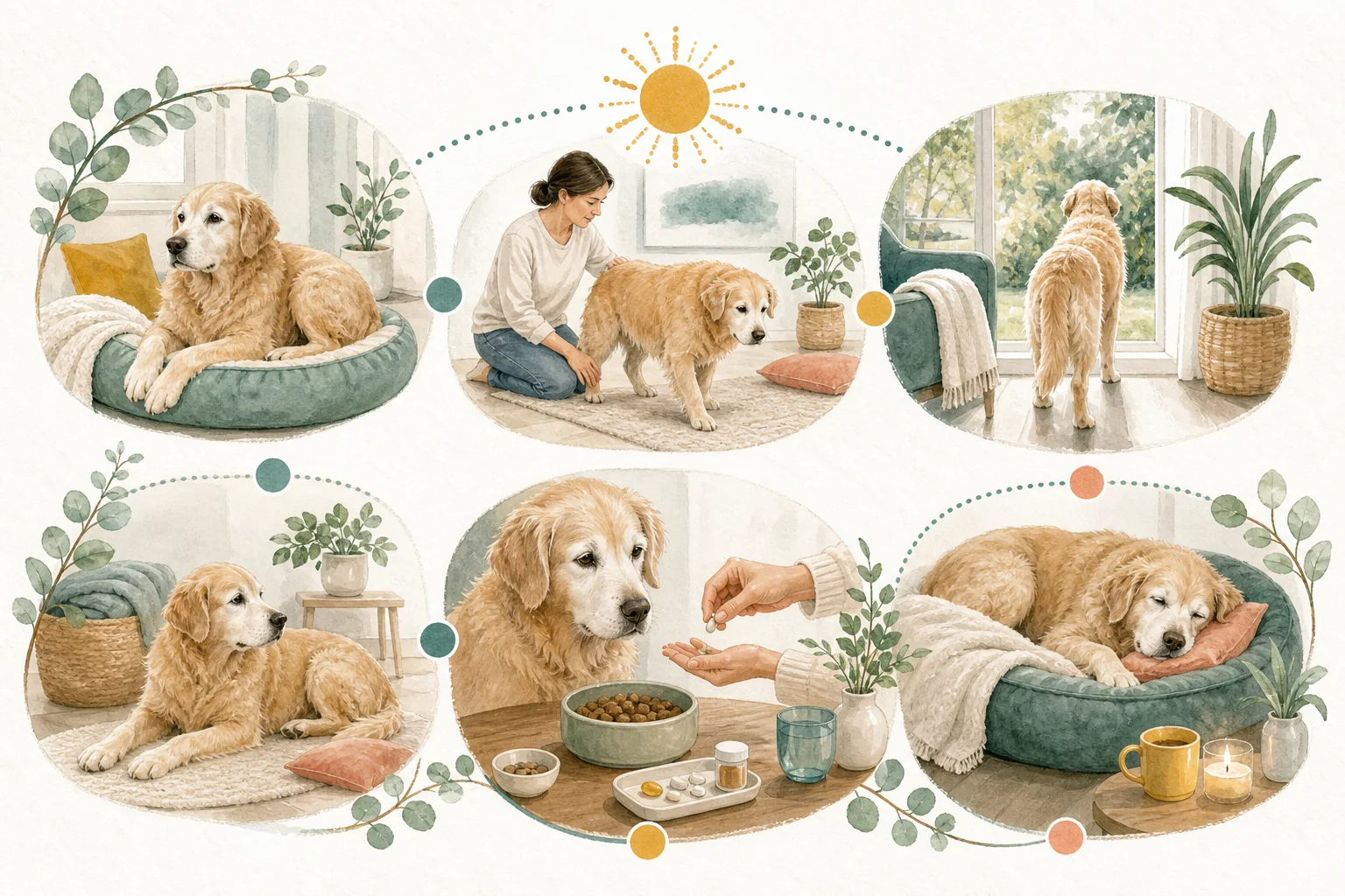 Illustrated owner guide for noon-day check-in routine for senior dogs at home