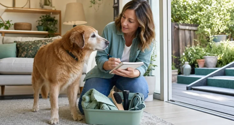 Healthy Paws Essentials scene illustrating monthly 10-item home and yard audit for senior and mobility-limited dogs