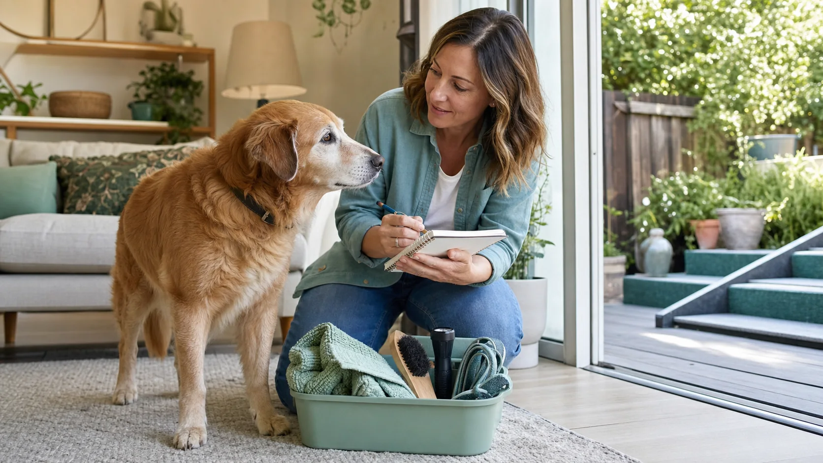 Healthy Paws Essentials scene illustrating monthly 10-item home and yard audit for senior and mobility-limited dogs