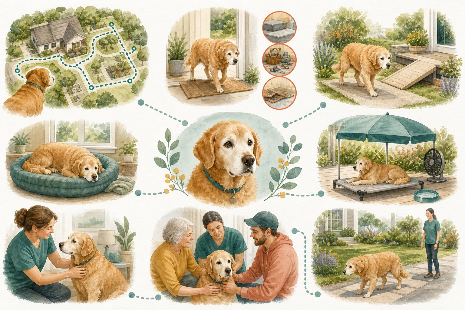 Illustrated owner guide for monthly 10-item home and yard audit for senior and mobility-limited dogs