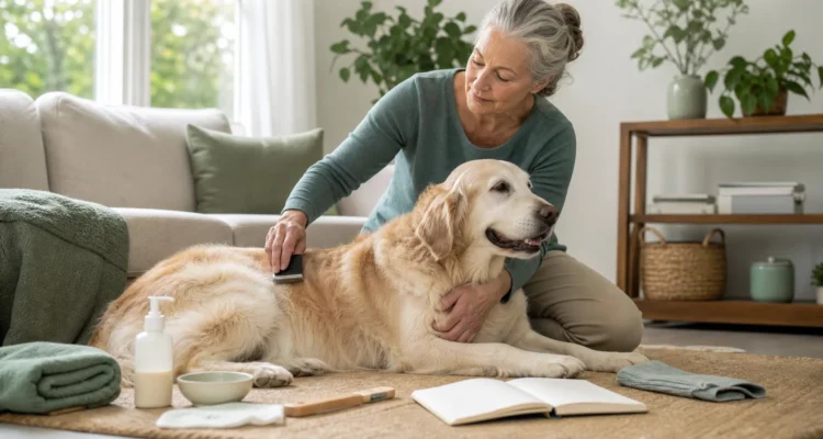 Healthy Paws Essentials scene illustrating quarterly life-stage grooming and hygiene snapshot for senior dogs