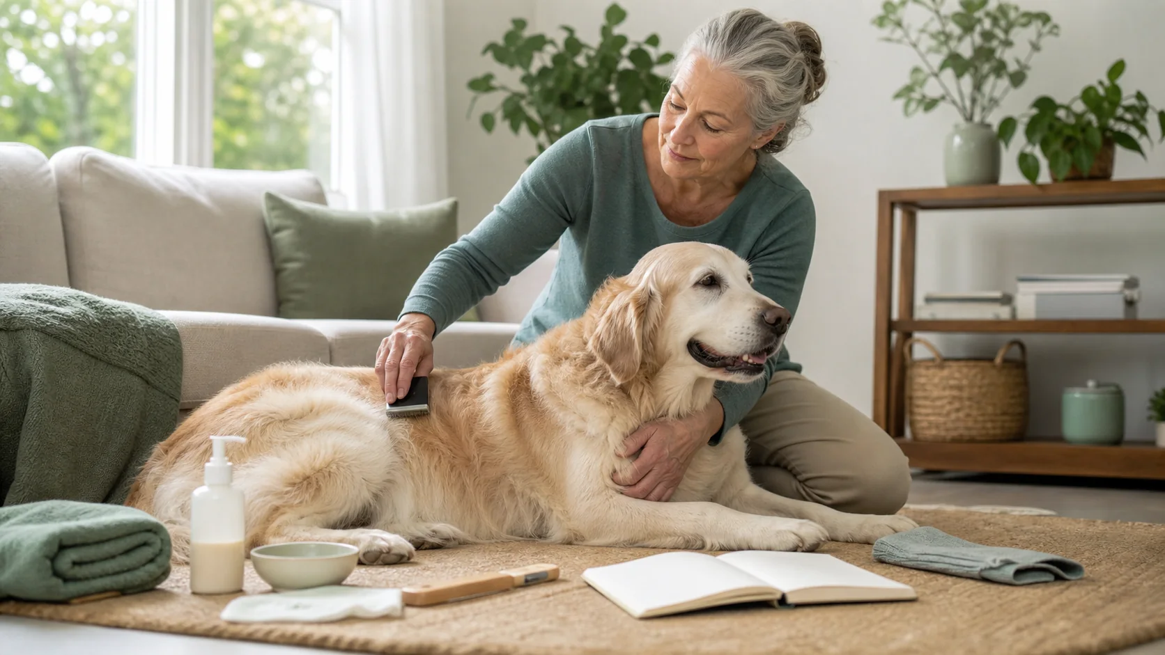 Healthy Paws Essentials scene illustrating quarterly life-stage grooming and hygiene snapshot for senior dogs