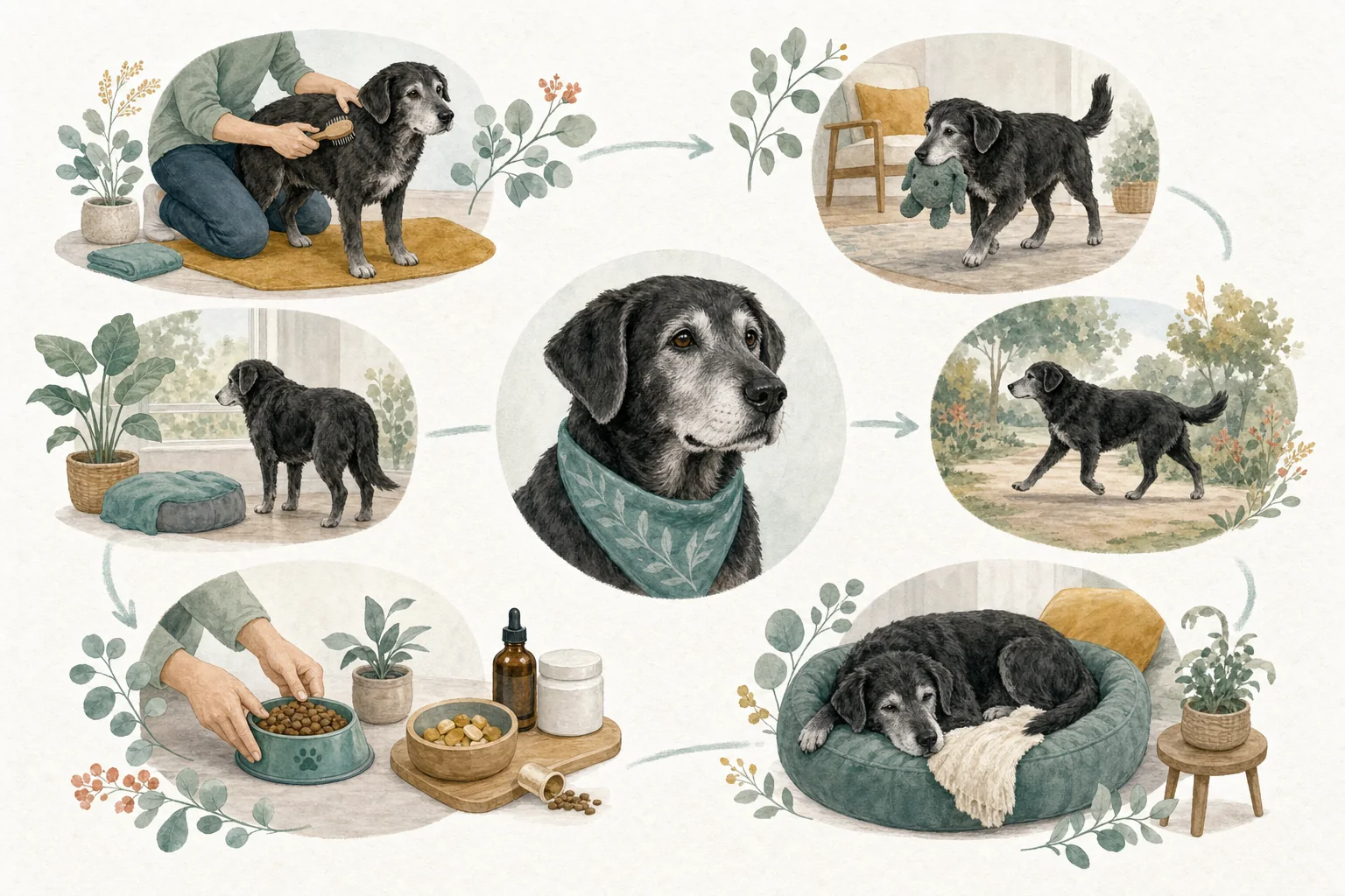 Illustrated owner guide for quarterly life-stage grooming and hygiene snapshot for senior dogs