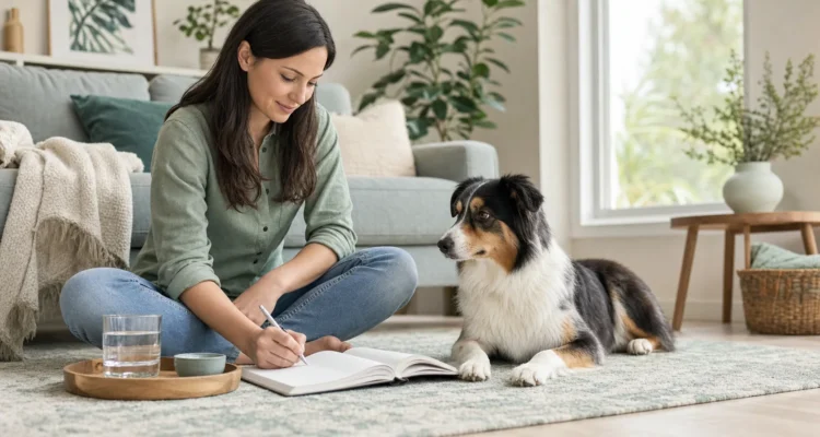 Healthy Paws Essentials scene illustrating 12-week calming and joint supplement observation template for dogs