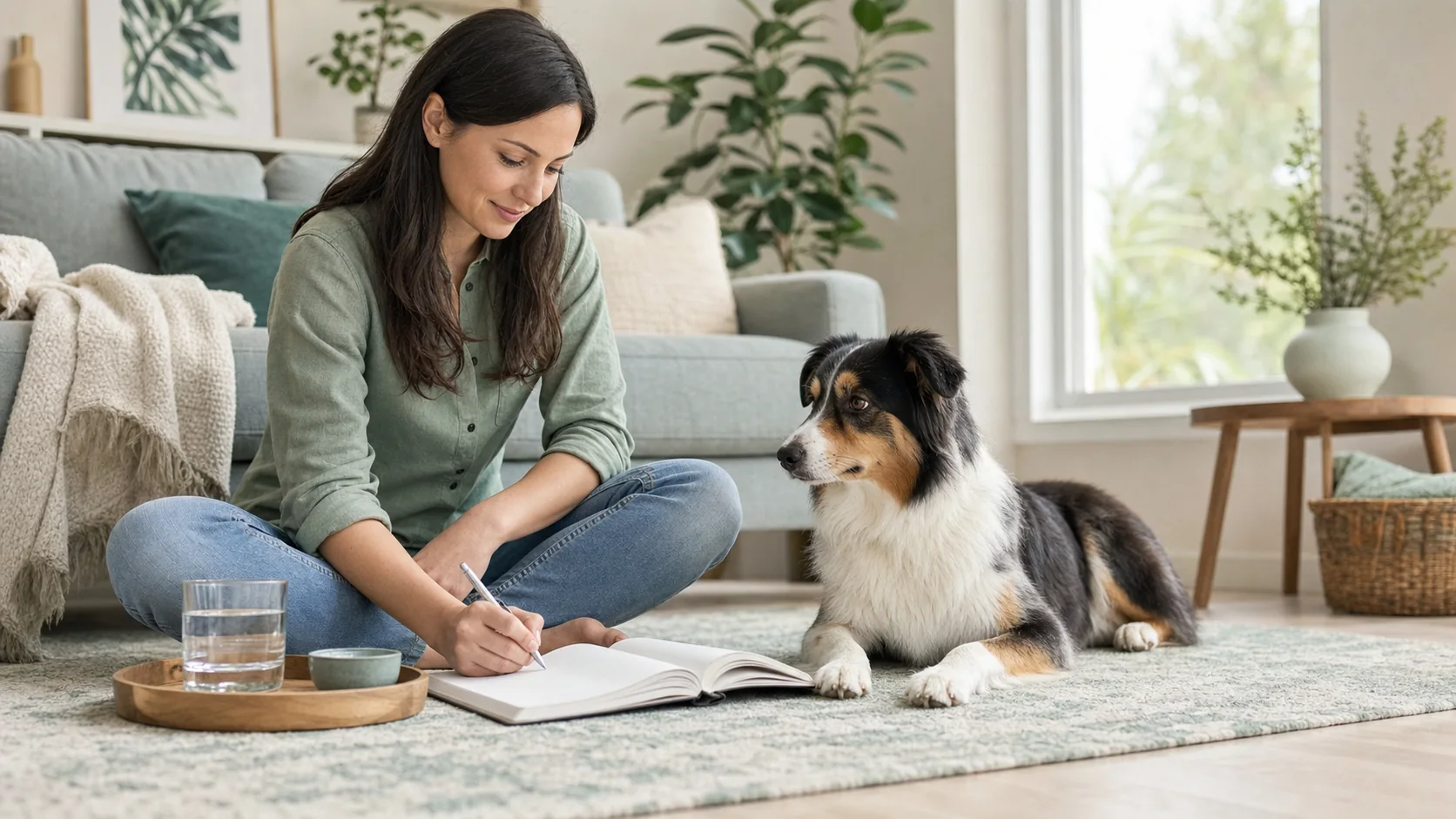Healthy Paws Essentials scene illustrating 12-week calming and joint supplement observation template for dogs