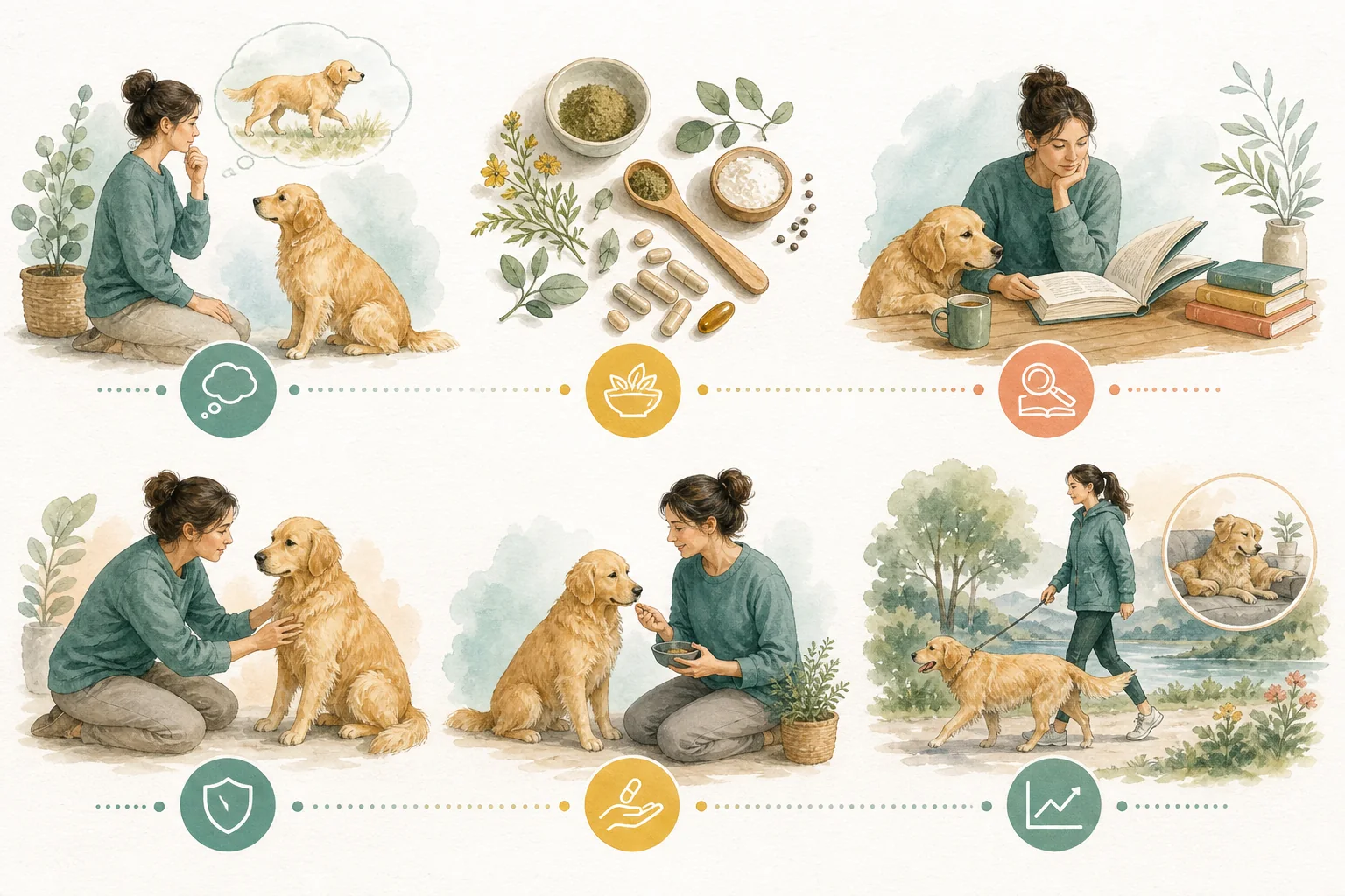 Illustrated owner guide for 12-week calming and joint supplement observation template for dogs