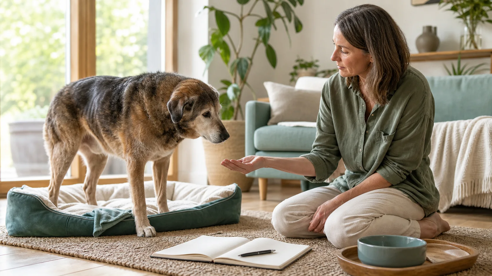 Healthy Paws Essentials scene illustrating supporting agency and choice in senior dogs at home