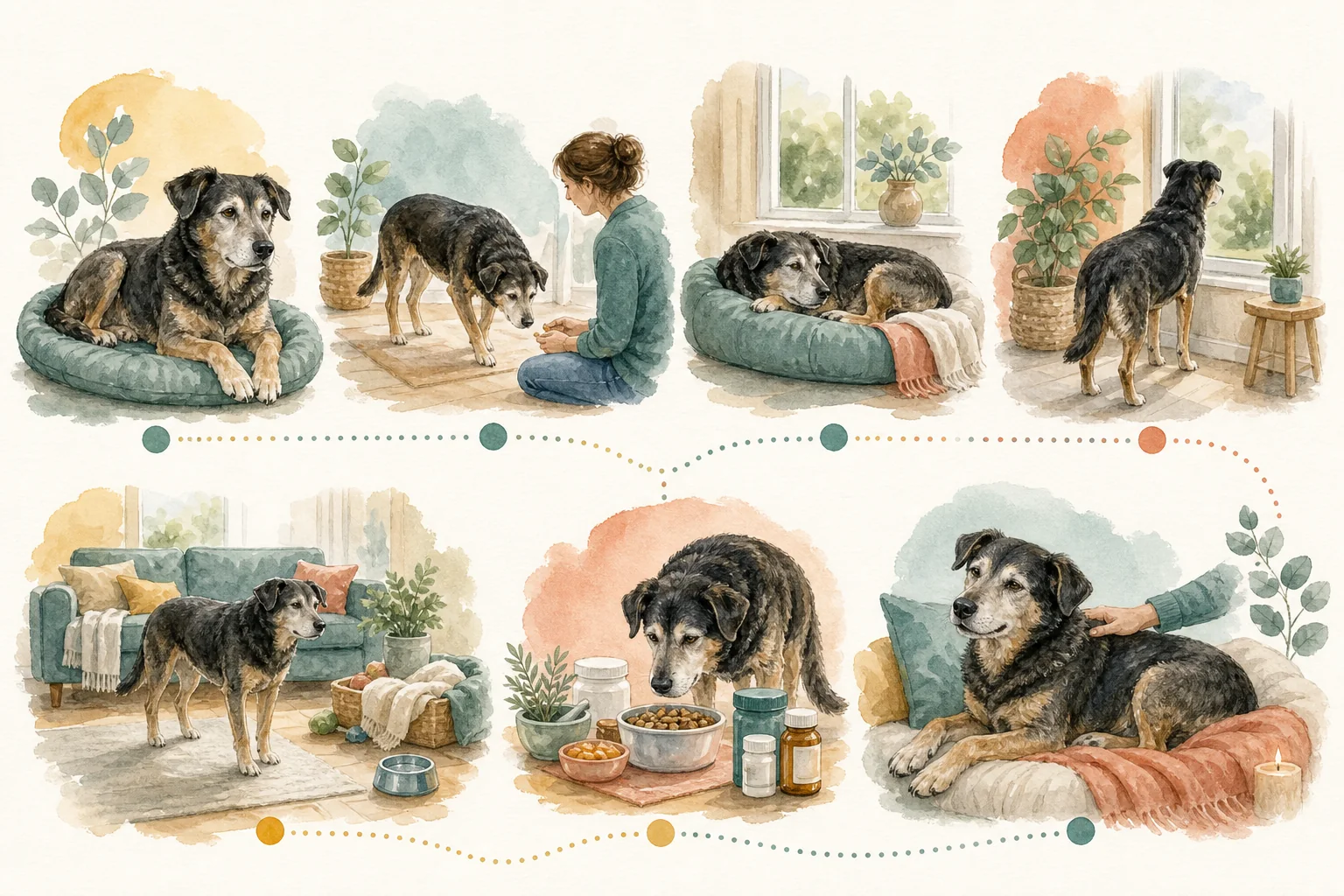 Illustrated owner guide for supporting agency and choice in senior dogs at home