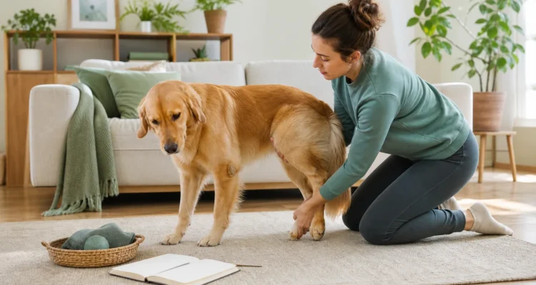 Healthy Paws Essentials scene illustrating simple at-home joint health check-in for dogs by age and activity
