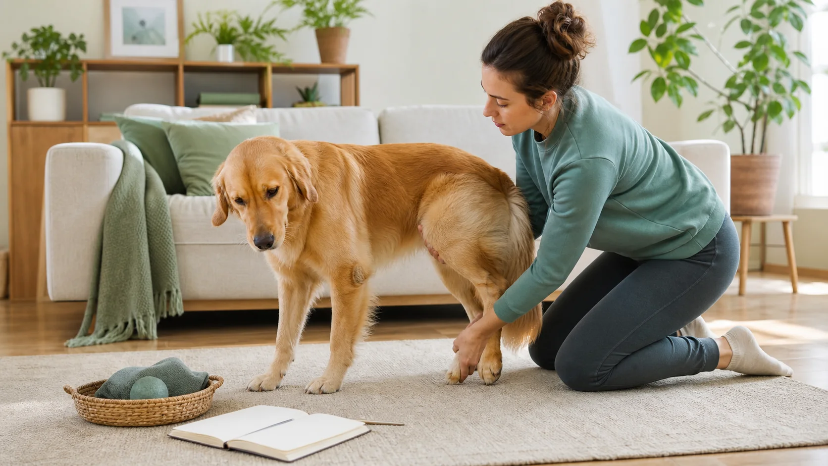 Healthy Paws Essentials scene illustrating simple at-home joint health check-in for dogs by age and activity