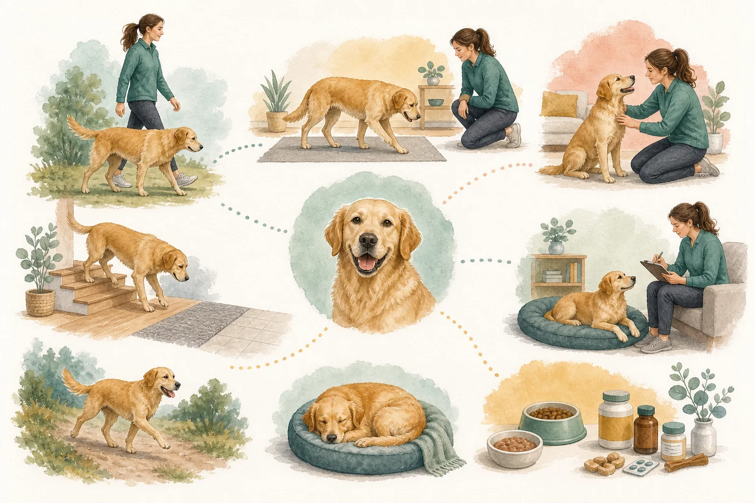 Illustrated owner guide for simple at-home joint health check-in for dogs by age and activity