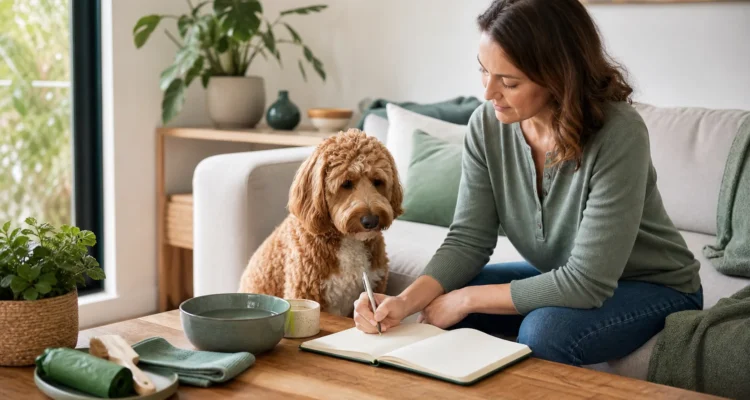 Healthy Paws Essentials scene illustrating daily at-home gut and stool journal for dogs by age