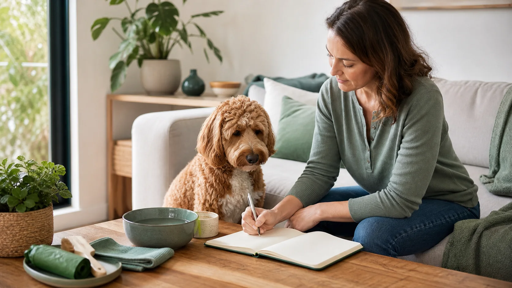 Healthy Paws Essentials scene illustrating daily at-home gut and stool journal for dogs by age