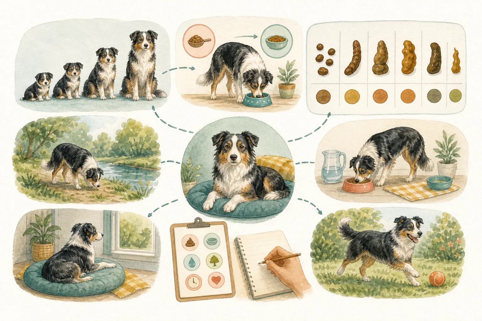 Illustrated owner guide for daily at-home gut and stool journal for dogs by age
