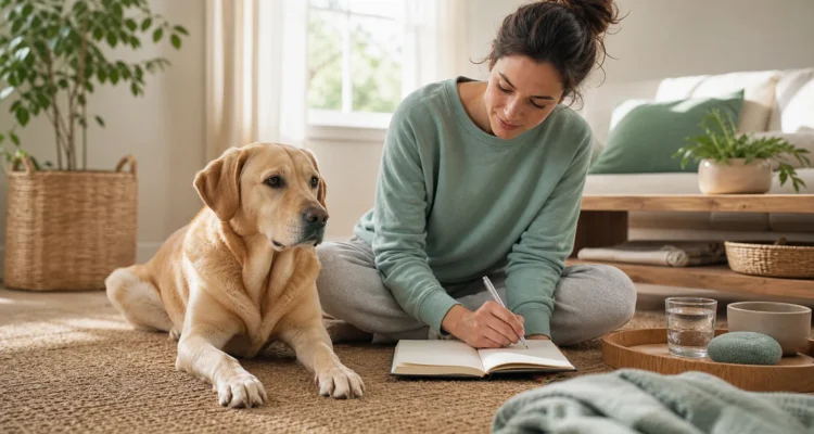 Healthy Paws Essentials scene illustrating structured at-home anxiety and environment tracker for dogs