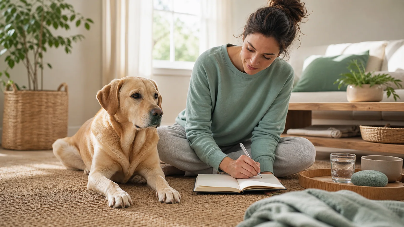 Healthy Paws Essentials scene illustrating structured at-home anxiety and environment tracker for dogs