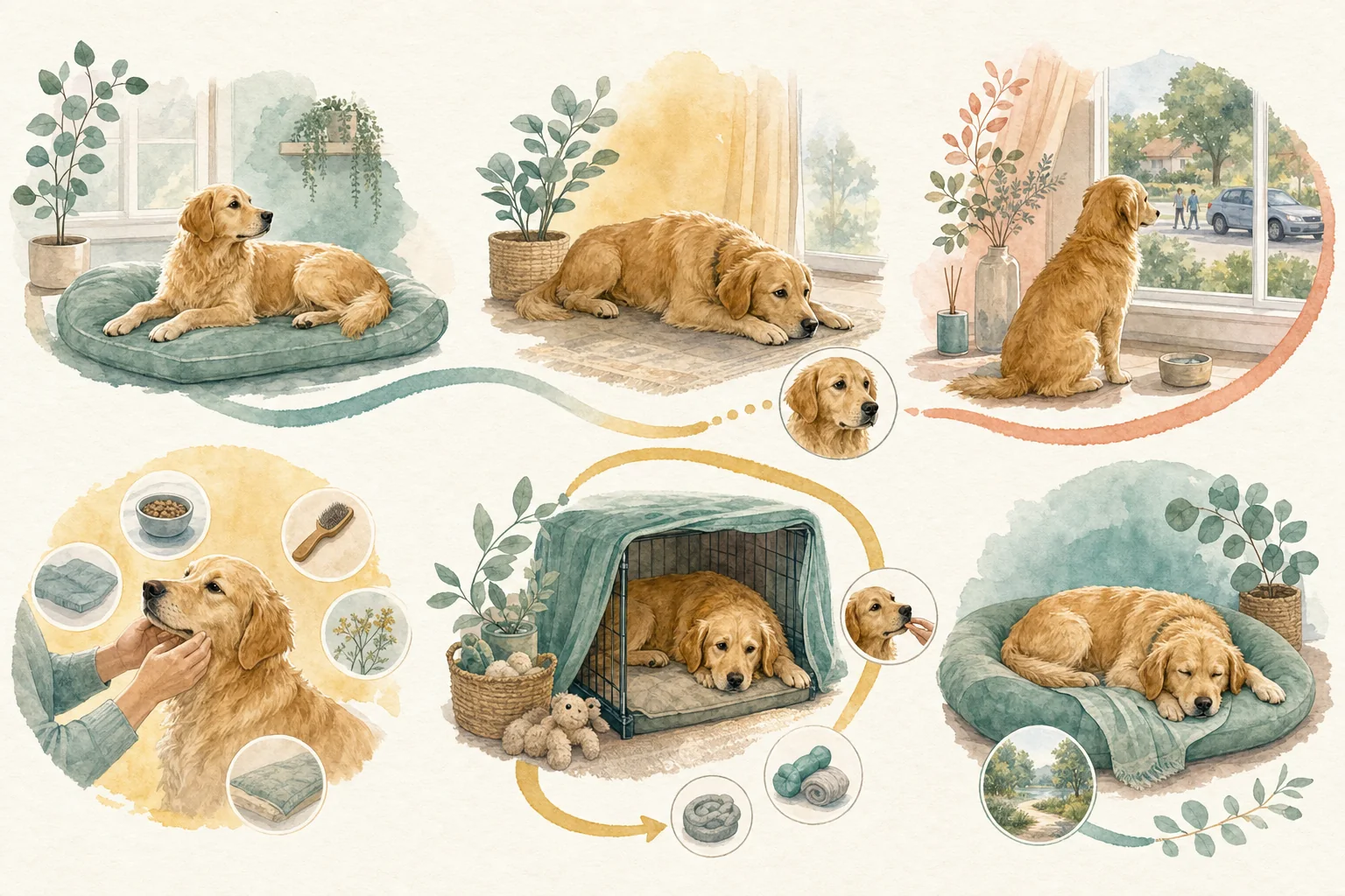 Illustrated owner guide for structured at-home anxiety and environment tracker for dogs