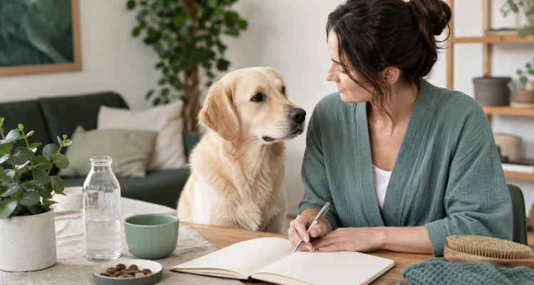 Healthy Paws Essentials scene illustrating structured supplement and lifestyle journal for dogs by life stage