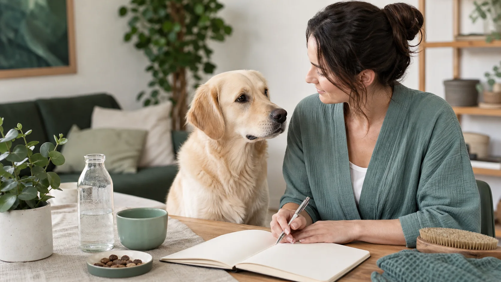 Healthy Paws Essentials scene illustrating structured supplement and lifestyle journal for dogs by life stage