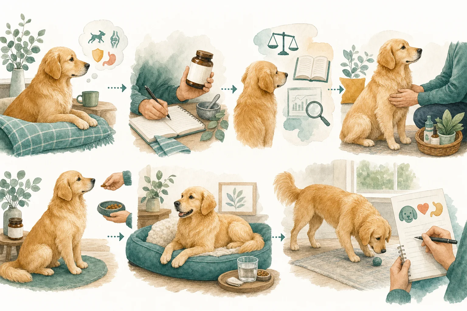 Illustrated owner guide for structured supplement and lifestyle journal for dogs by life stage