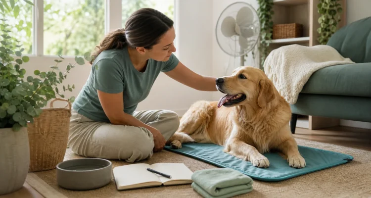 Healthy Paws Essentials scene illustrating monitoring heat-stress signs in dogs at home