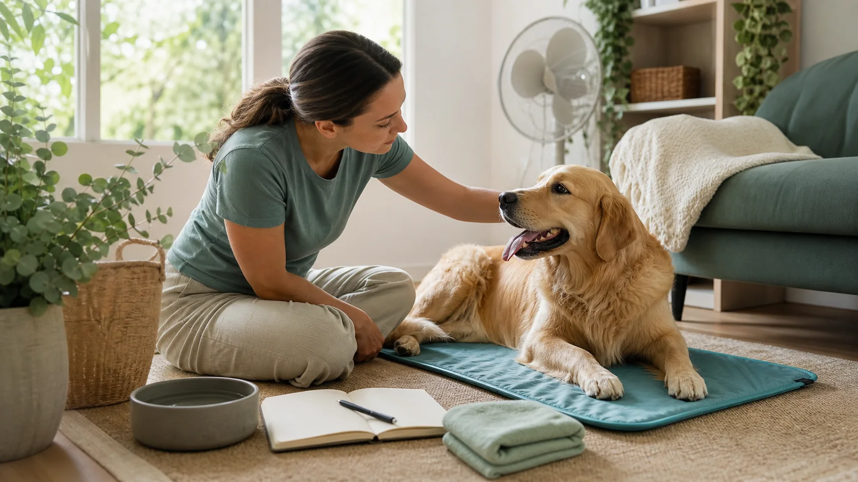 Healthy Paws Essentials scene illustrating monitoring heat-stress signs in dogs at home