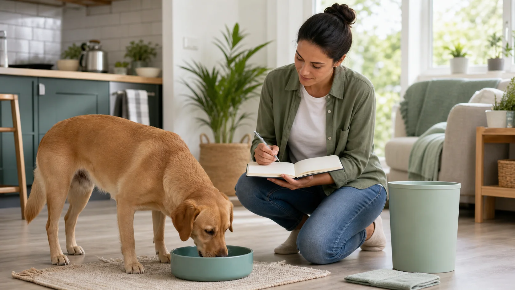 Healthy Paws Essentials scene illustrating tracking subtle changes in your dog’s drinking and urination at home