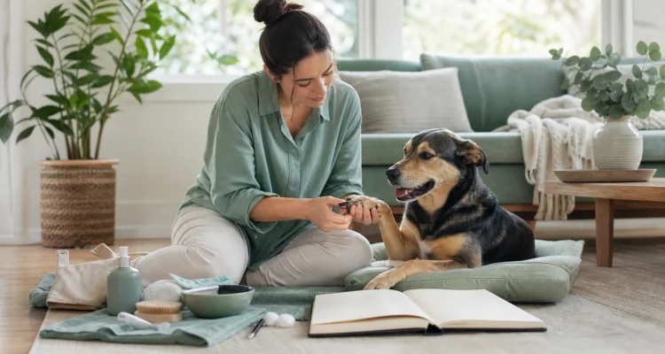 Healthy Paws Essentials scene illustrating simple at-home nail and paw care plan for dogs by life stage and activity level