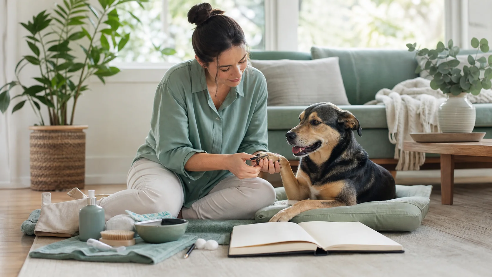 Healthy Paws Essentials scene illustrating simple at-home nail and paw care plan for dogs by life stage and activity level