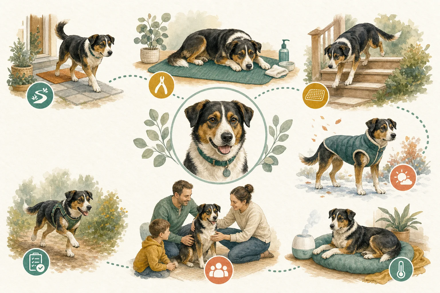 Illustrated owner guide for simple at-home nail and paw care plan for dogs by life stage and activity level