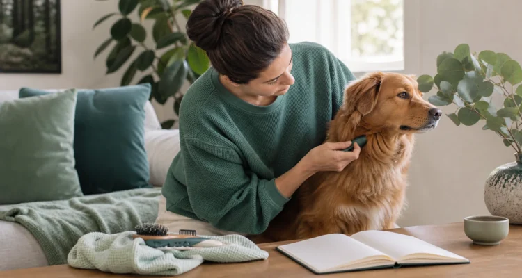 Healthy Paws Essentials scene illustrating integrating parasite prevention with grooming and lifestyle in dogs