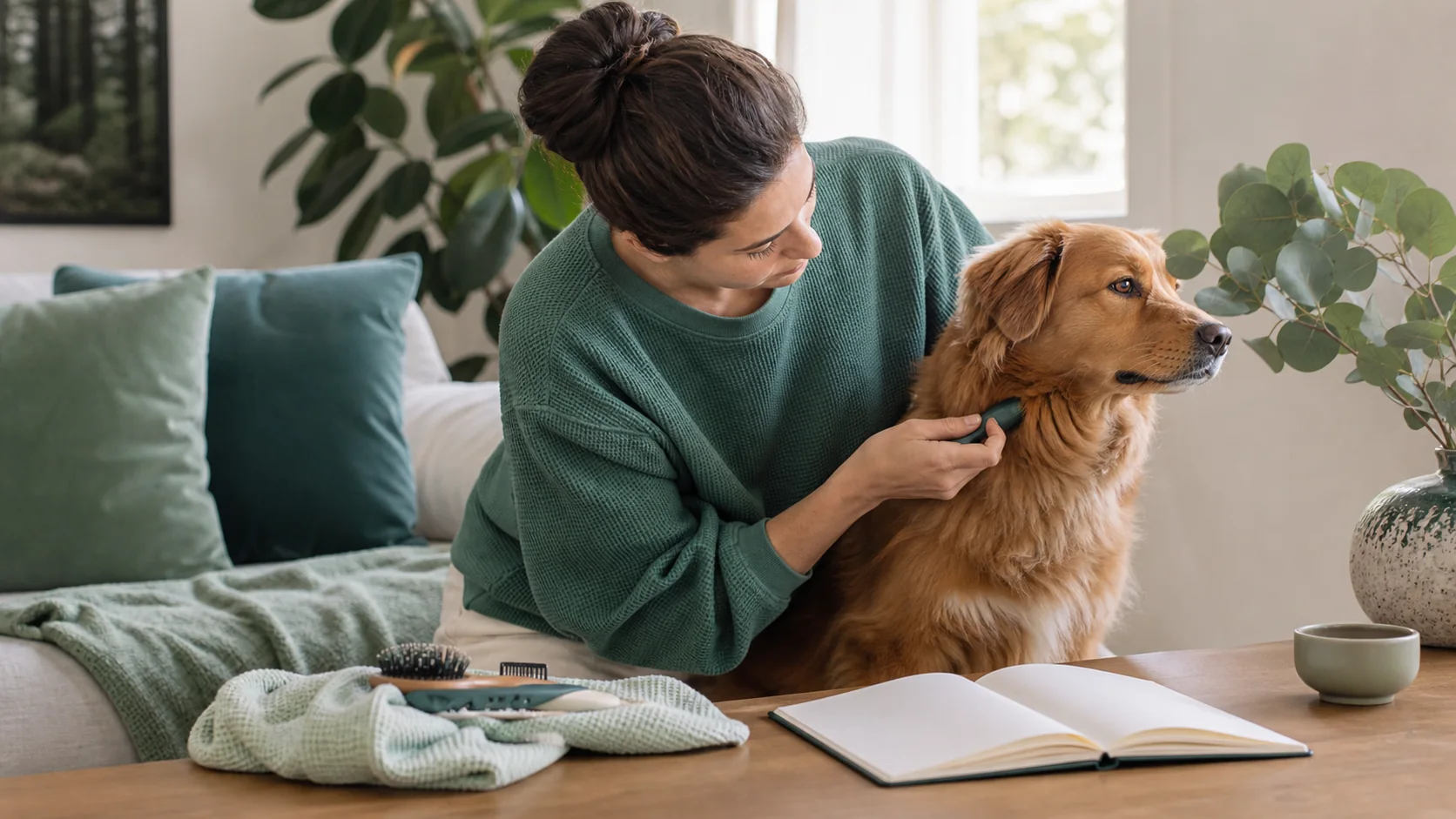 Healthy Paws Essentials scene illustrating integrating parasite prevention with grooming and lifestyle in dogs