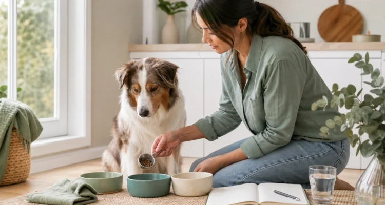 Healthy Paws Essentials scene illustrating a 30-day at-home transition plan for dog food or supplements
