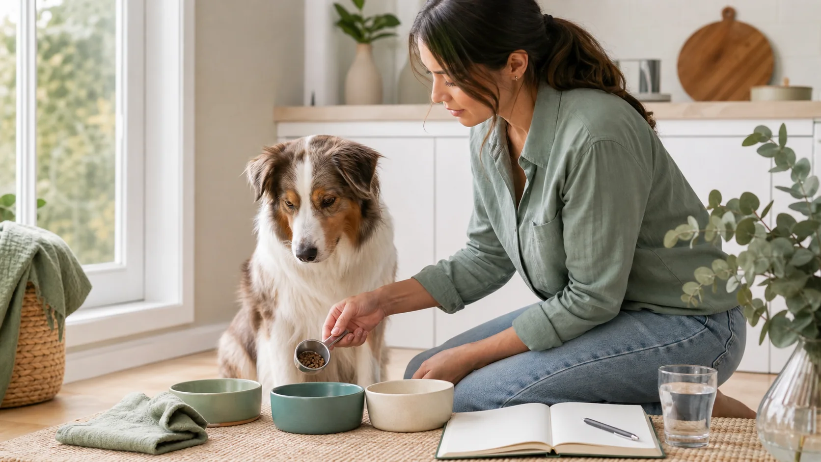 Healthy Paws Essentials scene illustrating a 30-day at-home transition plan for dog food or supplements