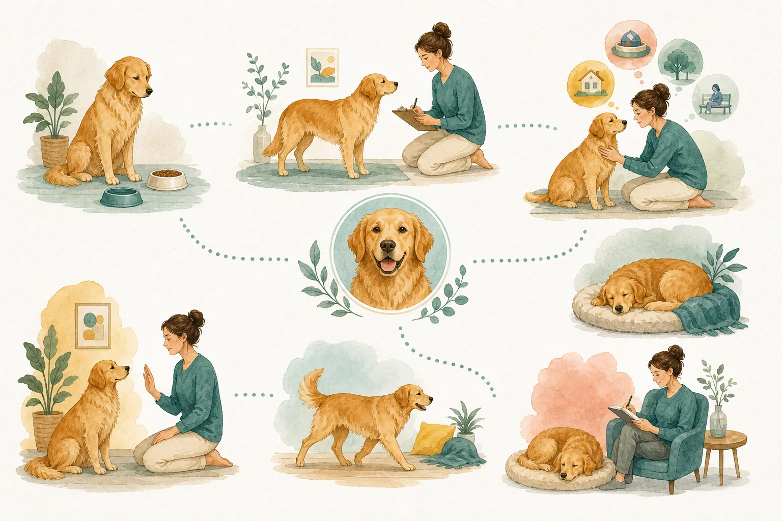 Illustrated owner guide for a 30-day at-home transition plan for dog food or supplements
